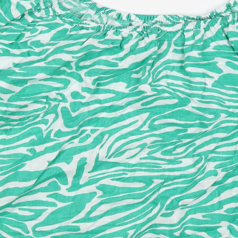 Marks & Spencer Womens Green Animal Print Cotton Basic Blouse Size 14 Scoop Neck