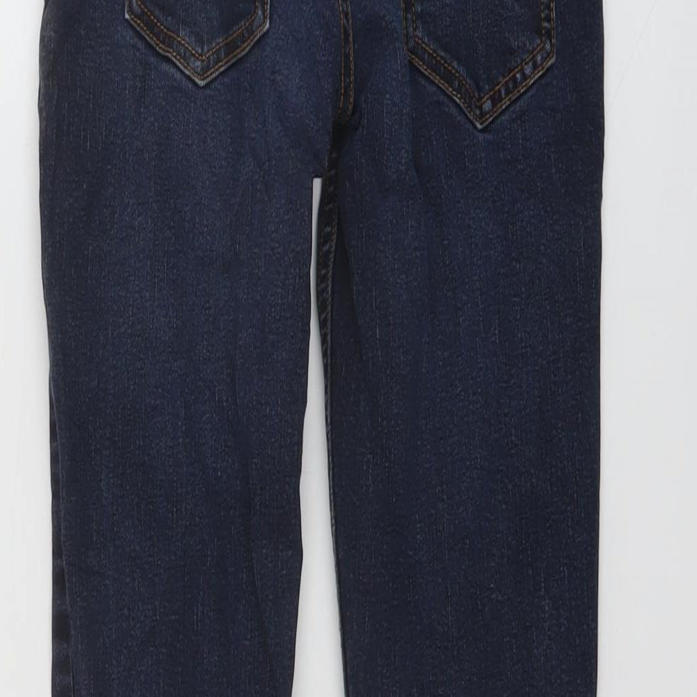 Brand and care label for Tu boys’ blue cotton straight jeans, size 9, months regular button