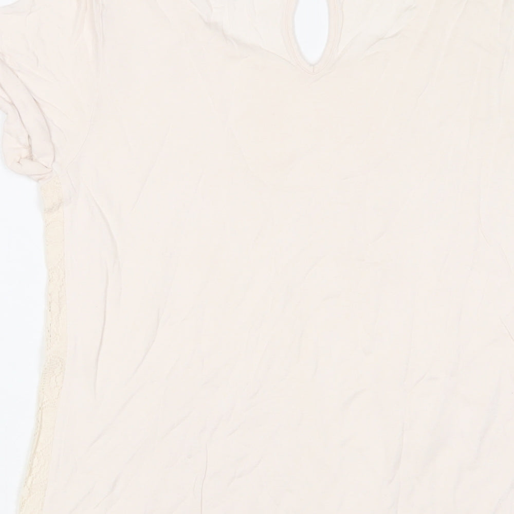Warehouse Womens Beige Viscose Basic T-Shirt Size 10 Crew Neck - Embroidered