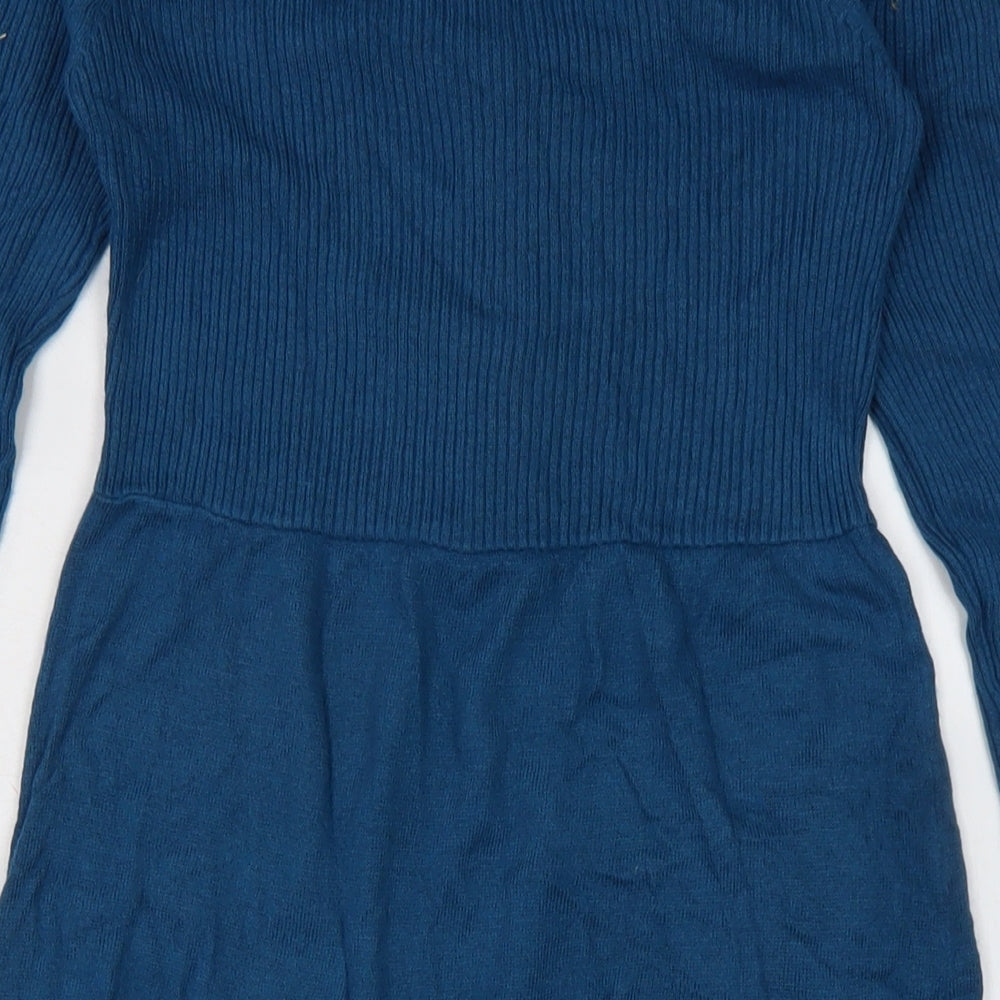 M&Co Womens Blue Acrylic Jumper Dress Size S Boat Neck - 32 inch length.