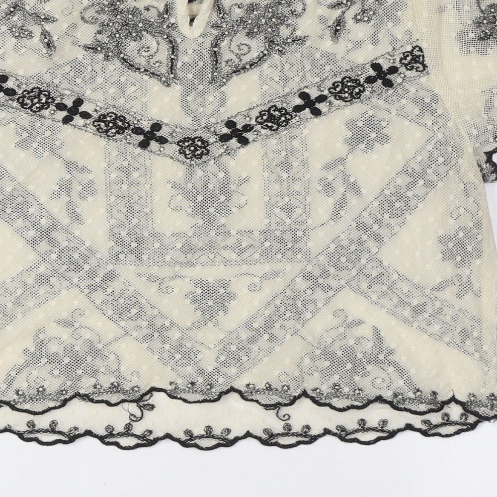 Zara Womens Ivory Polyester Cropped Button-Up Size S Mock Neck - Lace