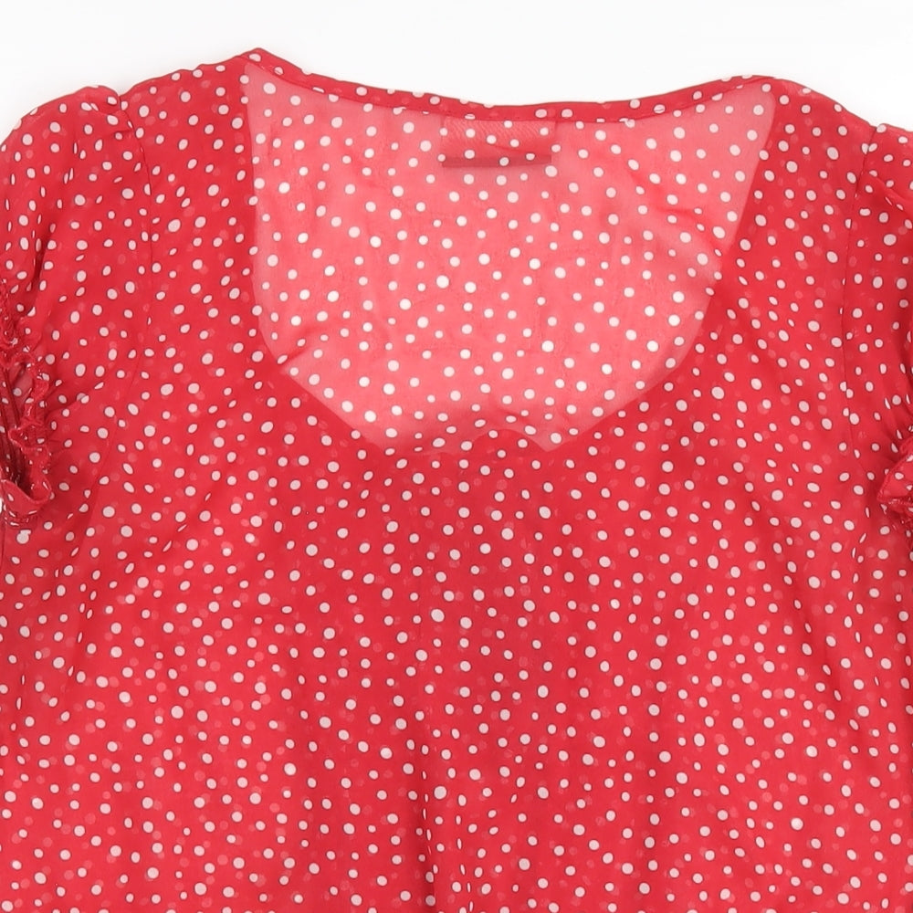 Wallis Womens Red Polka Dot Polyester Basic T-Shirt Size S Scoop Neck
