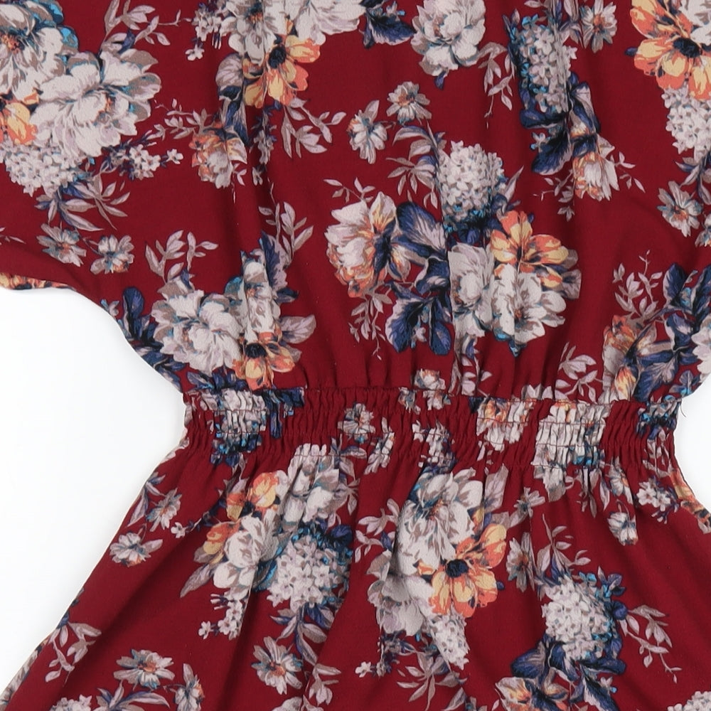 Monteau Womens Red Floral Polyester A-Line Size L Round Neck Pullover