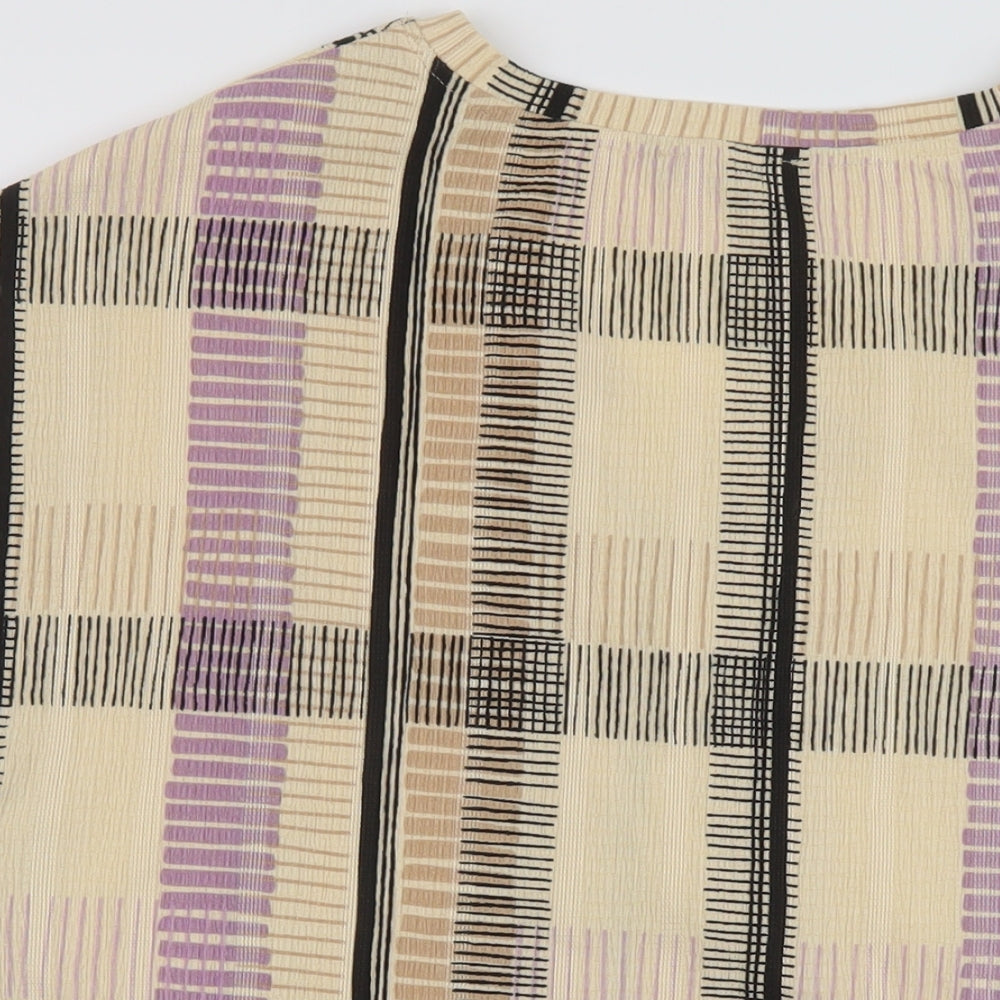 Marks & Spencer Womens Beige Plaid Polyester Basic T-Shirt Size 12 V-Neck