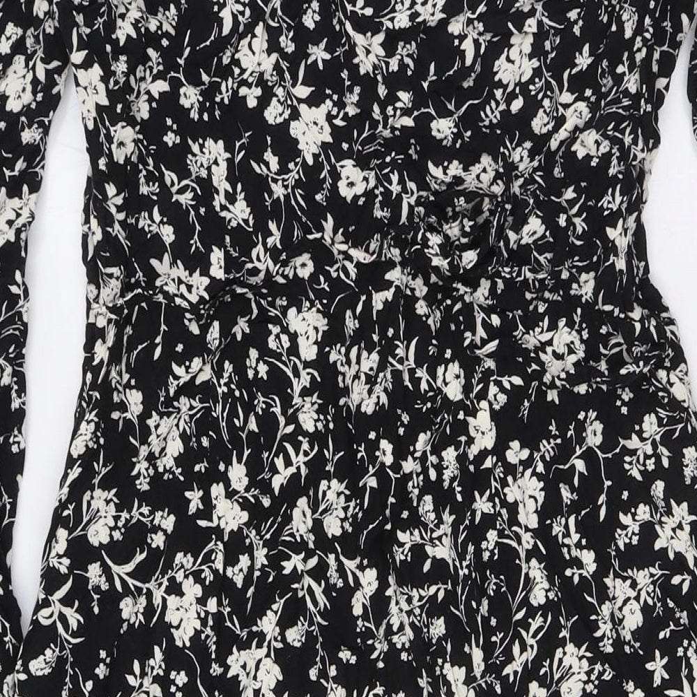 New Look Womens Black Floral Viscose A-Line Size 16 Scoop Neck Zip