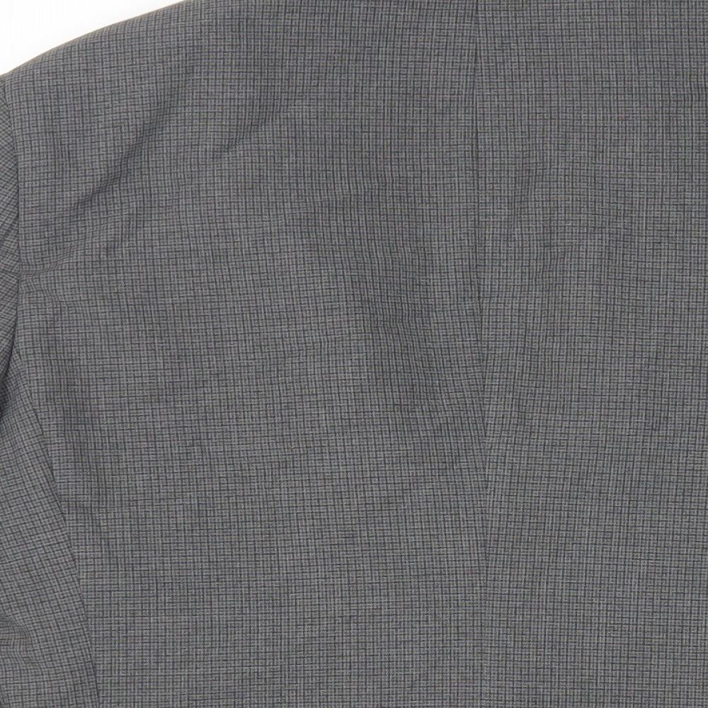 Brand and care label for ASOS men’s grey plaid polyester jacket suit jacket, size 40, regular