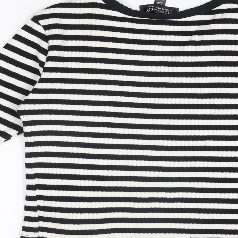 Topshop Womens White Striped Cotton Basic T-Shirt Size 10 Round Neck