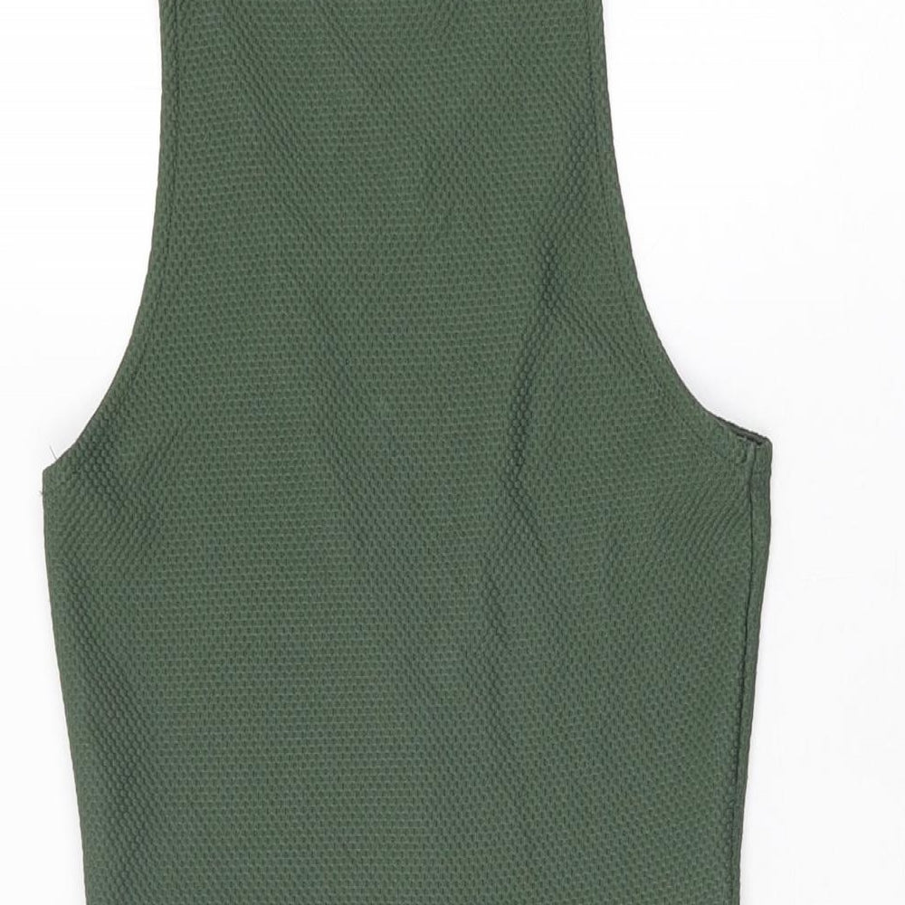 Brand and care label for Miss Selfridge women’s green polyester bodycon, size UK 8, v-neck pullover
