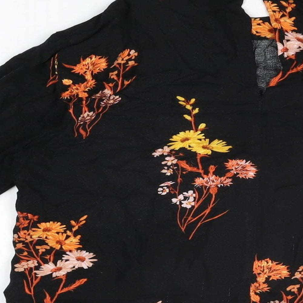 Warehouse Womens Black Floral Viscose Basic T-Shirt Size 10 Round Neck