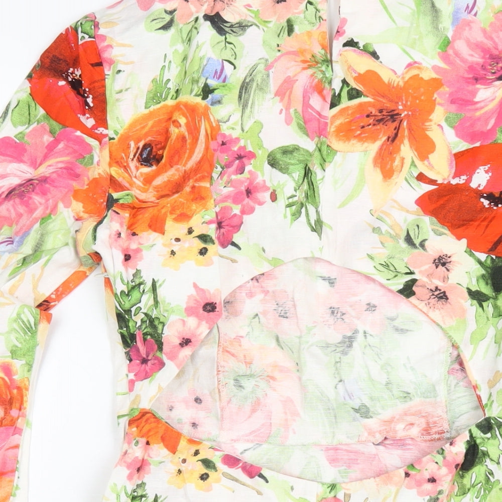 Zara Womens Multicoloured Floral Linen A-Line Size S Round Neck Zip