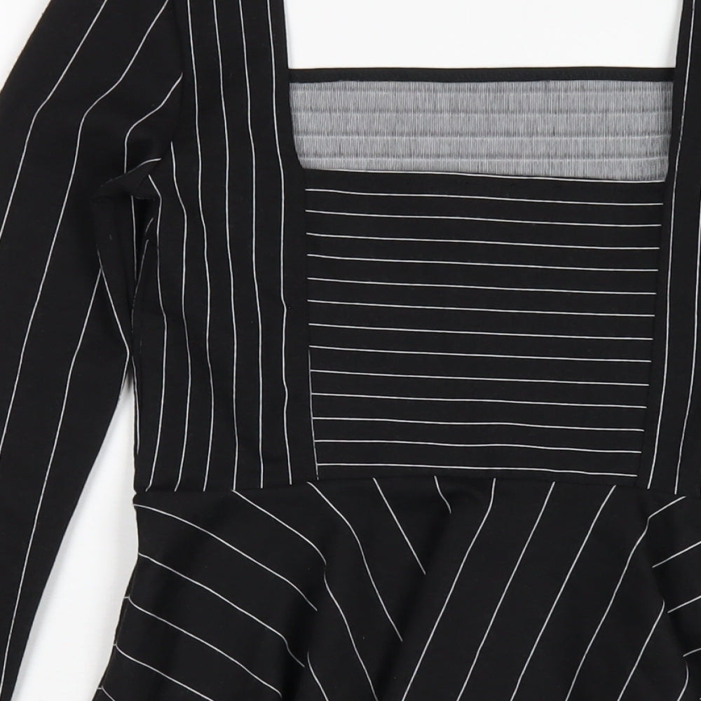 River Island Womens Black Striped Polyester Basic T-Shirt Size 8 Square Neck