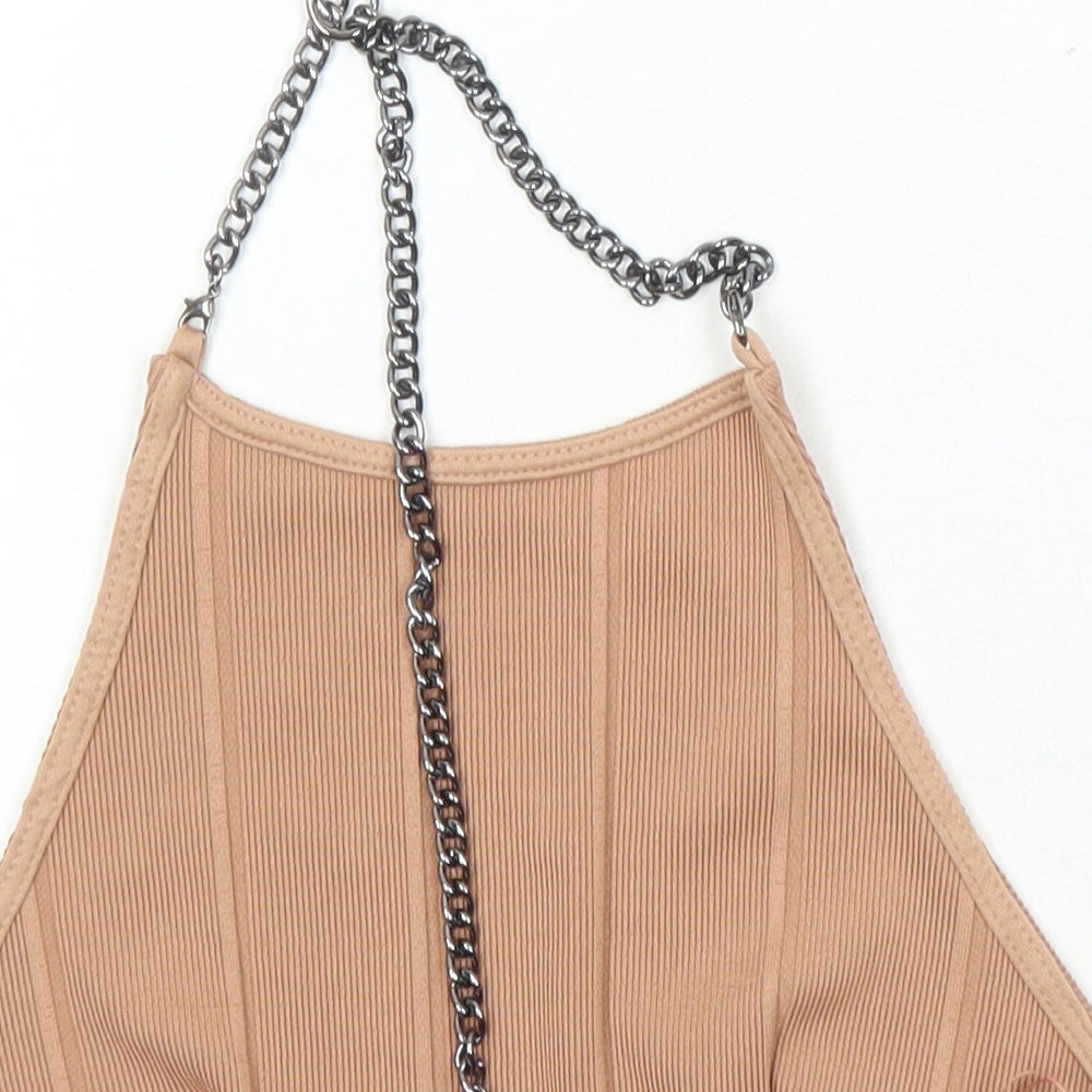 Topshop Womens Brown Polyester Cropped Blouse Size 5XL Square Neck - Chain Detail