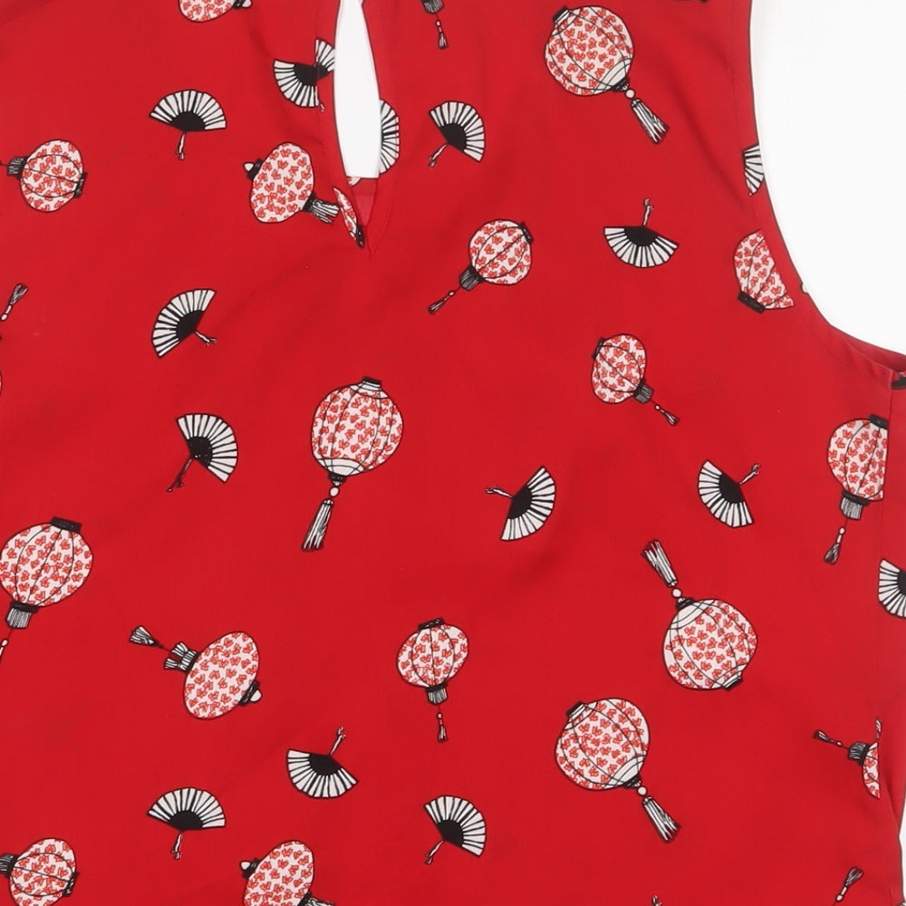 Red Herring Womens Red Geometric Polyester Basic Tank Size 10 Collared - Pleated