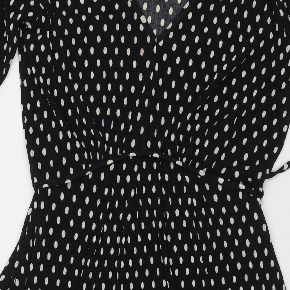 Mango Womens Black Polka Dot Polyester Fit & Flare Size S V-Neck Pullover