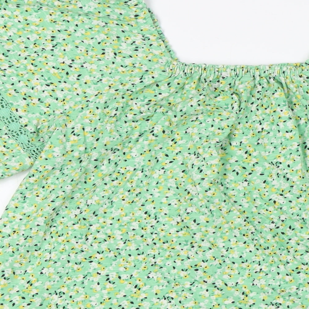 Marks and Spencer Womens Green Floral Cotton Basic Button-Up Size 12 Square Neck