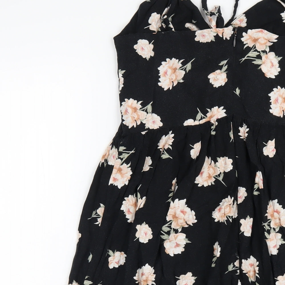 New Look Womens Black Floral Viscose A-Line Size 8 V-Neck Zip