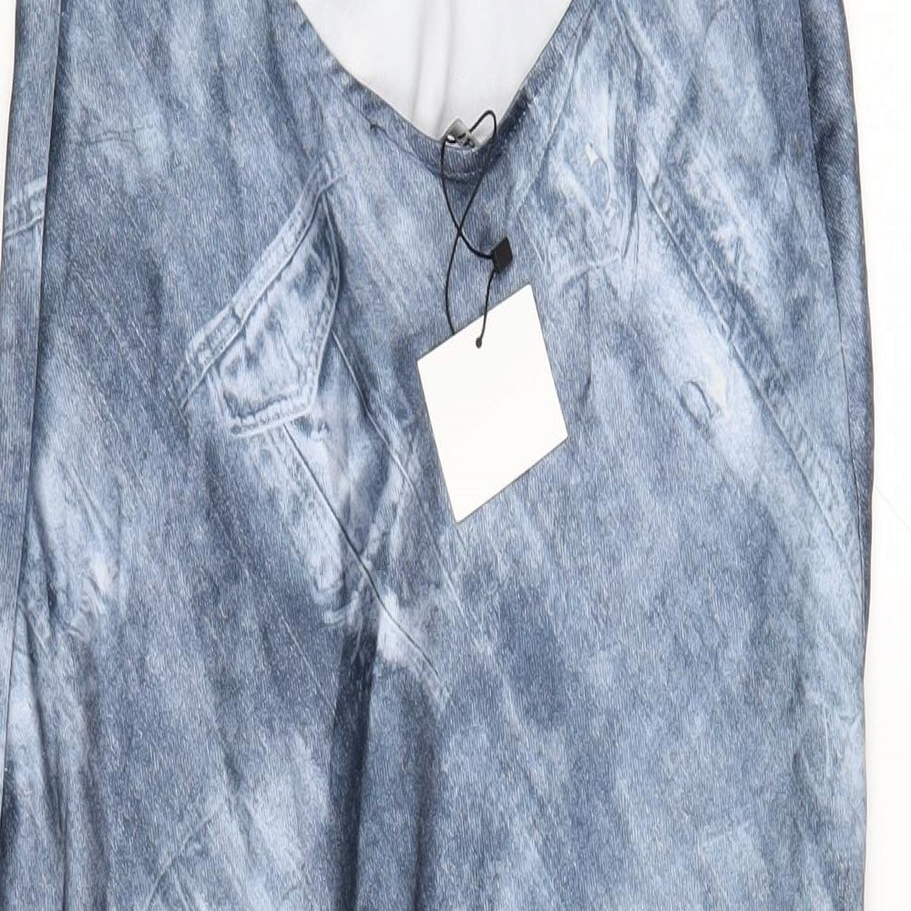 Zara Womens Blue Geometric Polyester A-Line Size M V-Neck Pullover