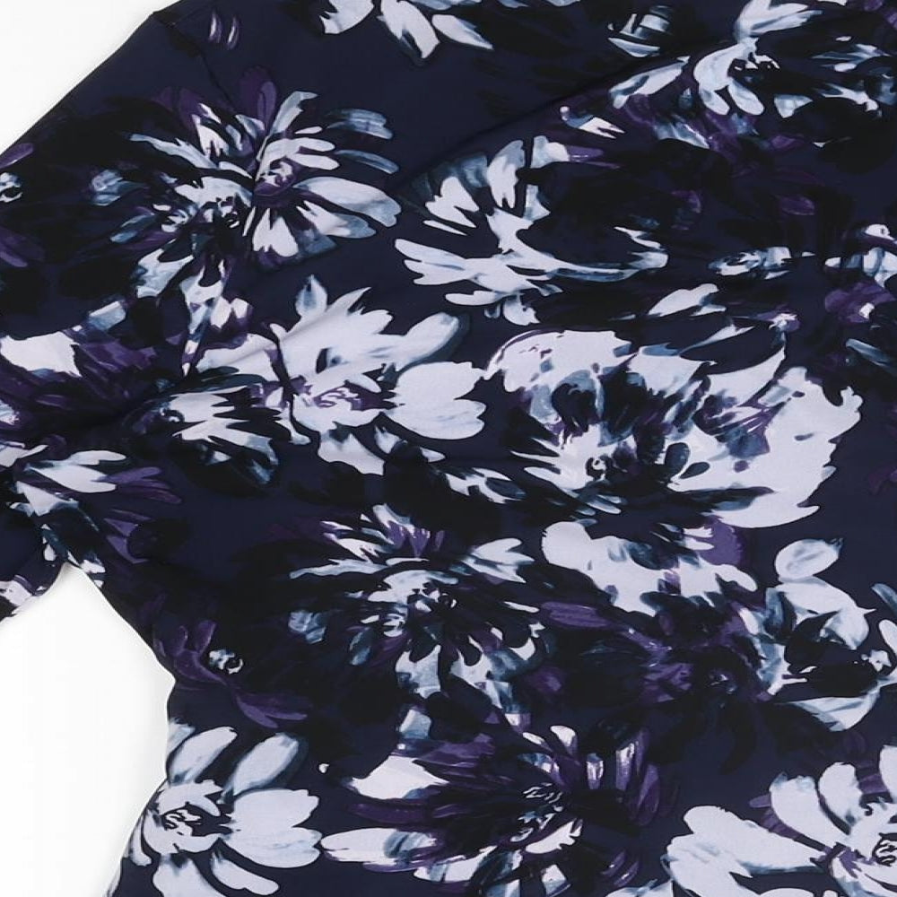 Kaliko Womens Blue Floral Polyester Basic T-Shirt Size 10 V-Neck