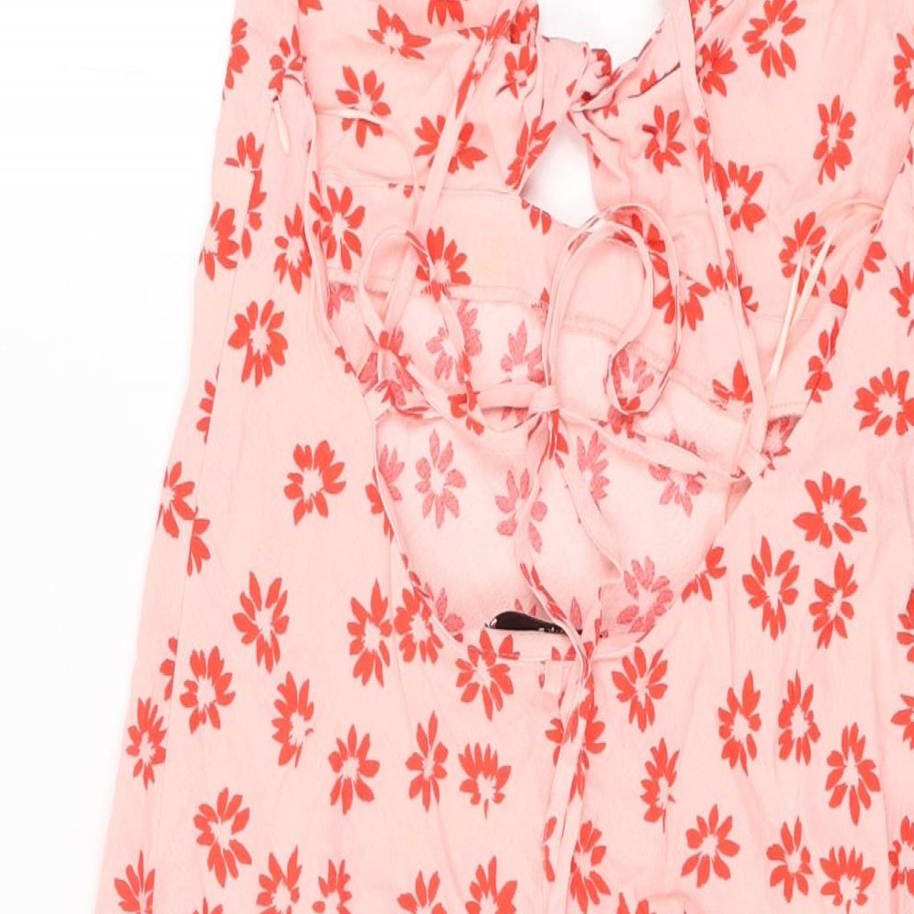 Bershka Womens Pink Floral Viscose Shift Size M V-Neck Tie