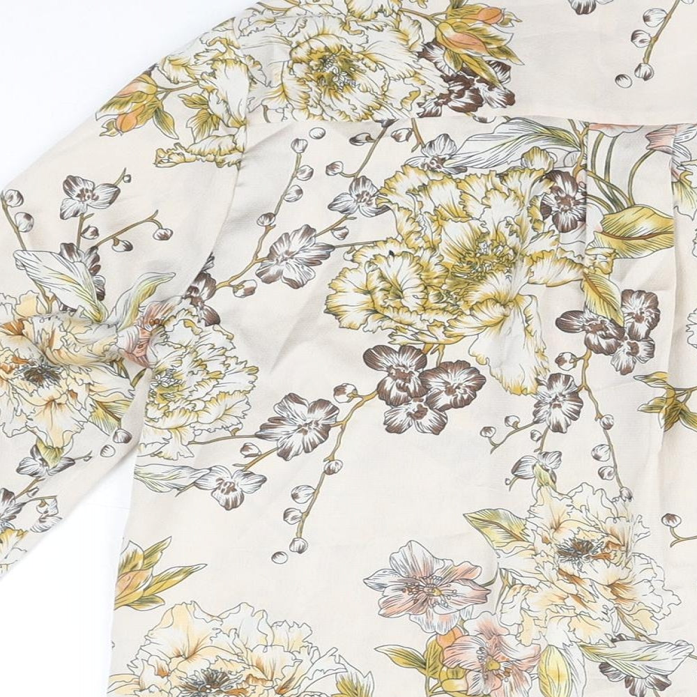 Riva Womens Beige Floral Polyester Basic Button-Up Size S V-Neck