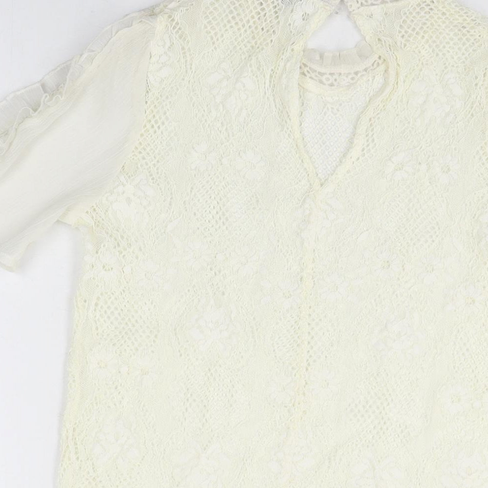 River Island Womens Ivory Floral Polyester Basic T-Shirt Size 6 Round Neck