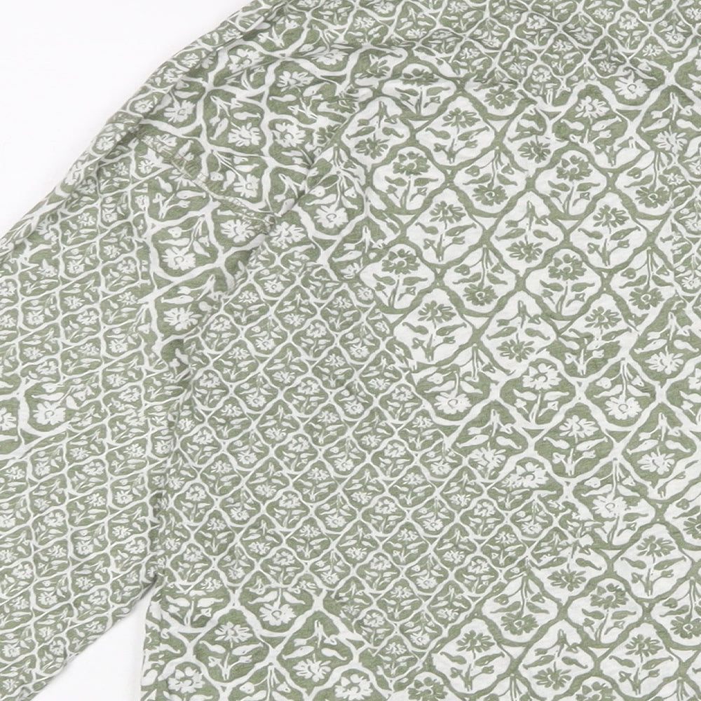 Marks & Spencer Womens Green Floral Linen Basic T-Shirt Size 10 V-Neck