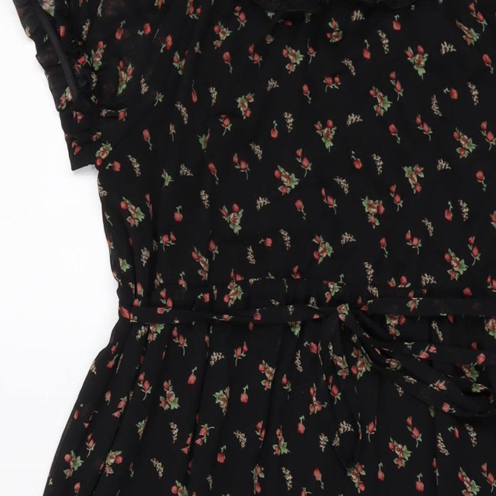 New Look Womens Black Floral Polyester A-Line Size 8 Round Neck Pullover