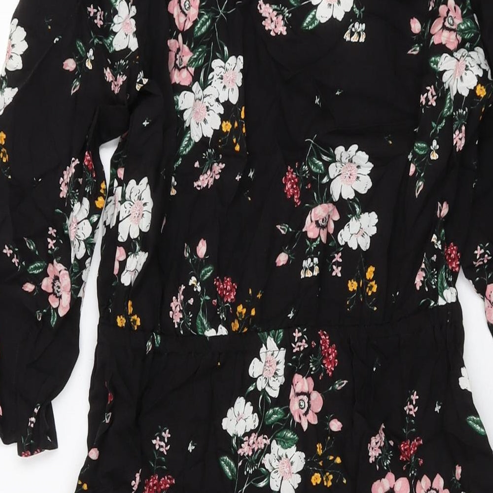 H&M Womens Black Floral Viscose A-Line Size 8 V-Neck Pullover