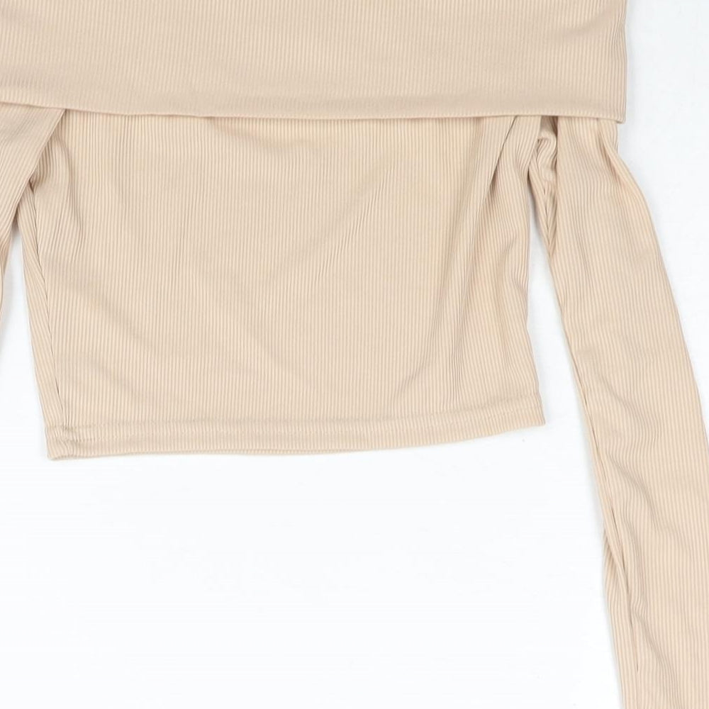 PRETTYLITTLETHING Womens Beige Polyester Cropped Blouse Size 8 Off the Shoulder