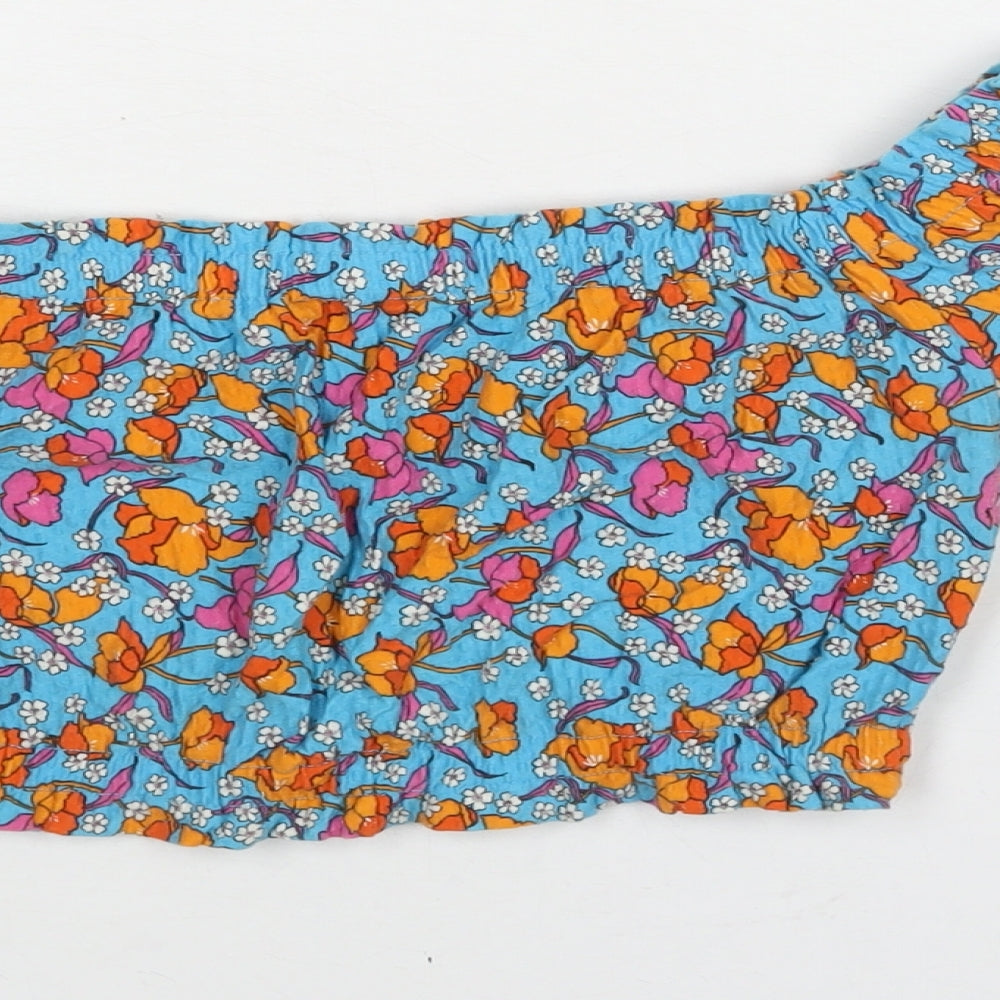 Topshop Womens Blue Floral Cotton Cropped Blouse Size 10 Boat Neck - Rouched