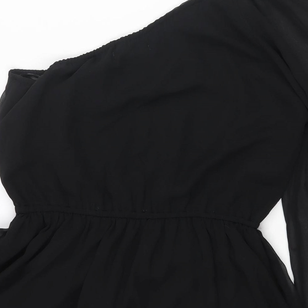 New Look Womens Black Polyester A-Line Size 8 One Shoulder Pullover - Rhinestone Detail Flare Sleeve