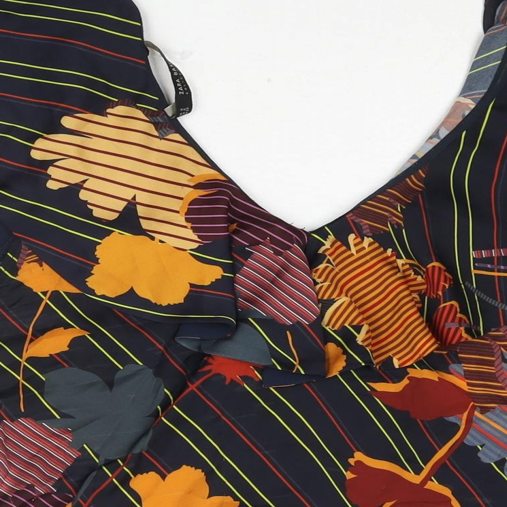 Zara Womens Blue Geometric Polyester Basic Blouse Size S V-Neck - Frill Floral Stripe Print