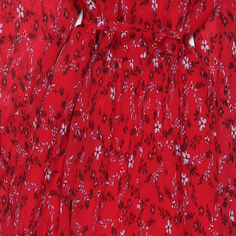 Omnes Womens Red Floral Polyester A-Line Size 12 V-Neck Pullover - Belted