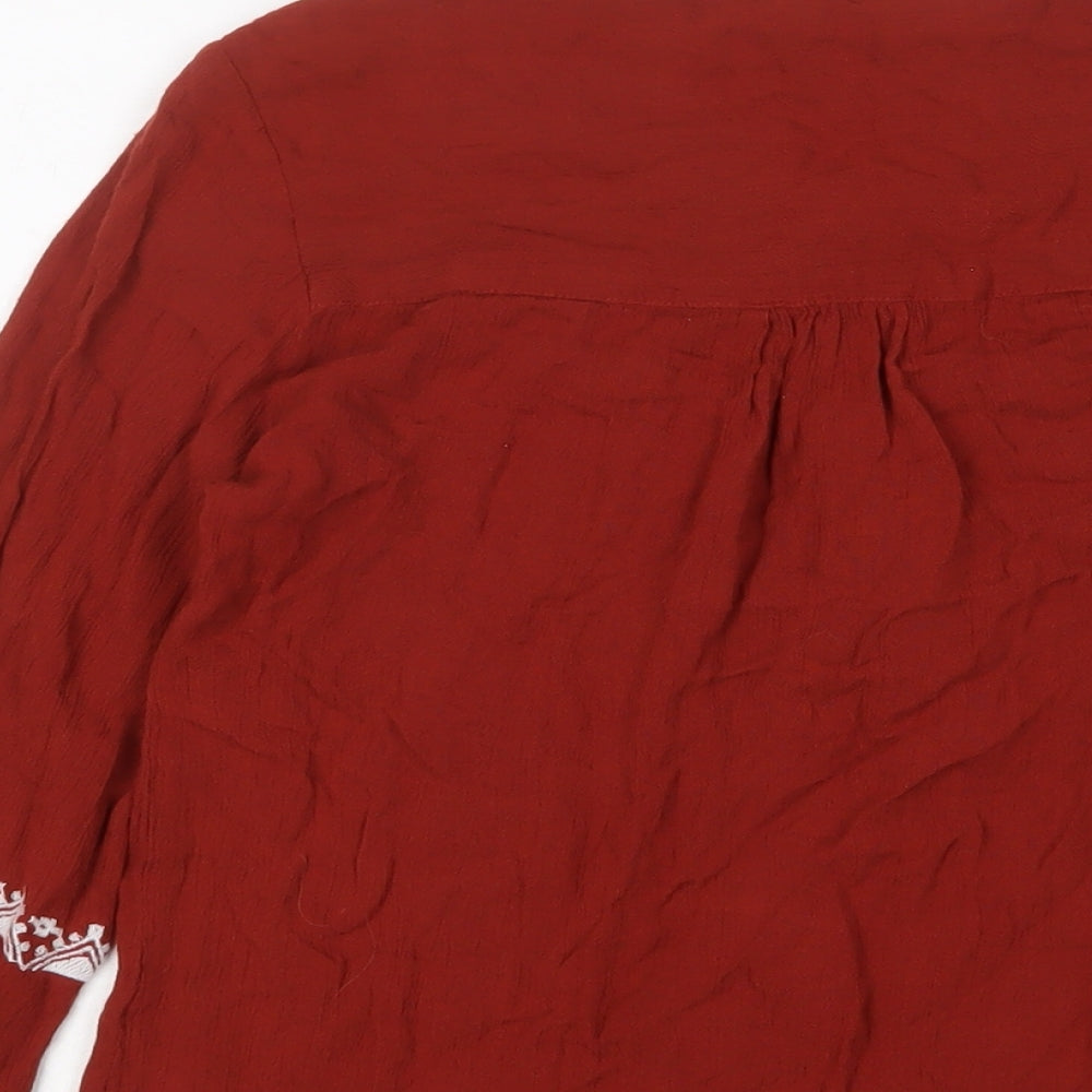 Select Womens Brown Cotton Basic Blouse Size 6 Crew Neck - Embroidered