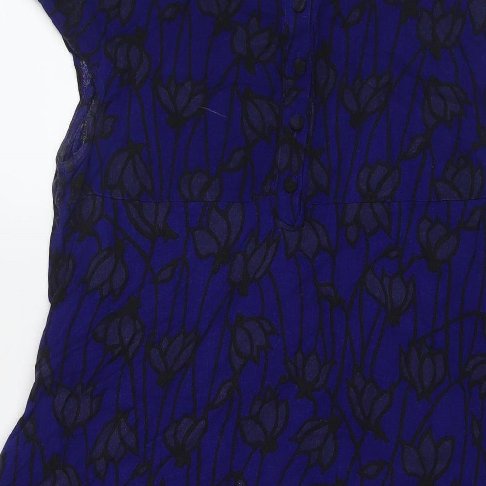 H&M Womens Blue Floral Polyester A-Line Size 10 Round Neck Button