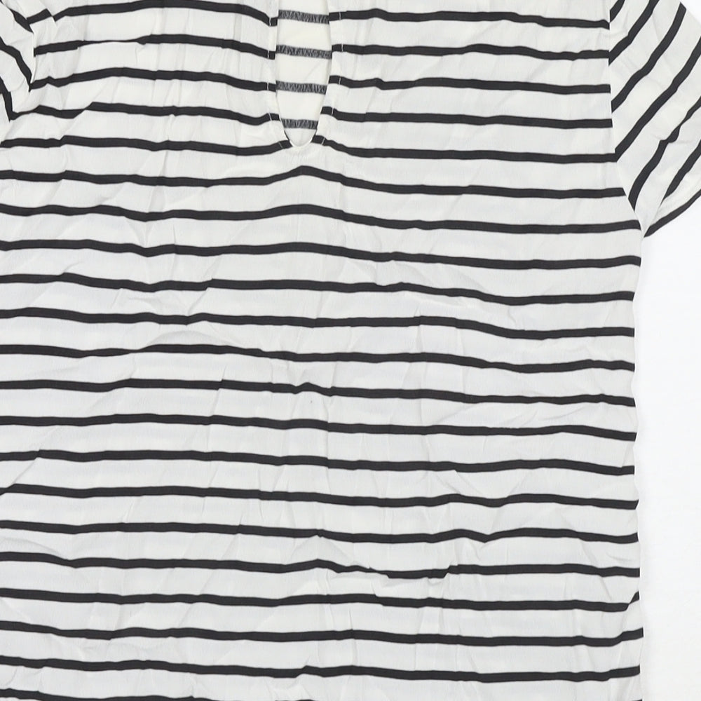 H&M Womens White Striped Viscose Basic T-Shirt Size 8 Round Neck