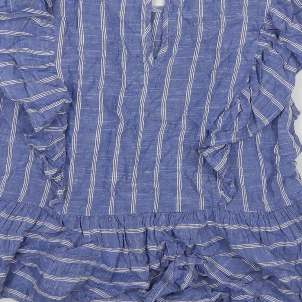 Lost Stock Womens Blue Striped Cotton Basic T-Shirt Size S Round Neck