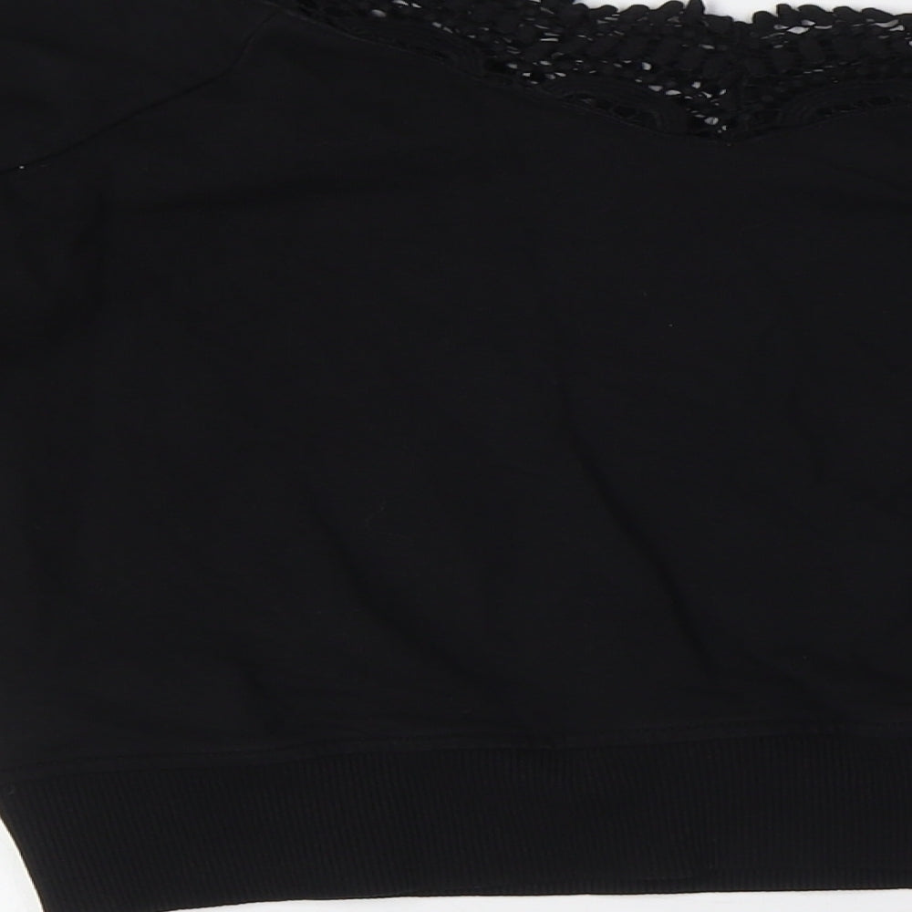 River Island Womens Black Cotton Basic Button-Up Size S V-Neck - Crochet Collar and Sleeves