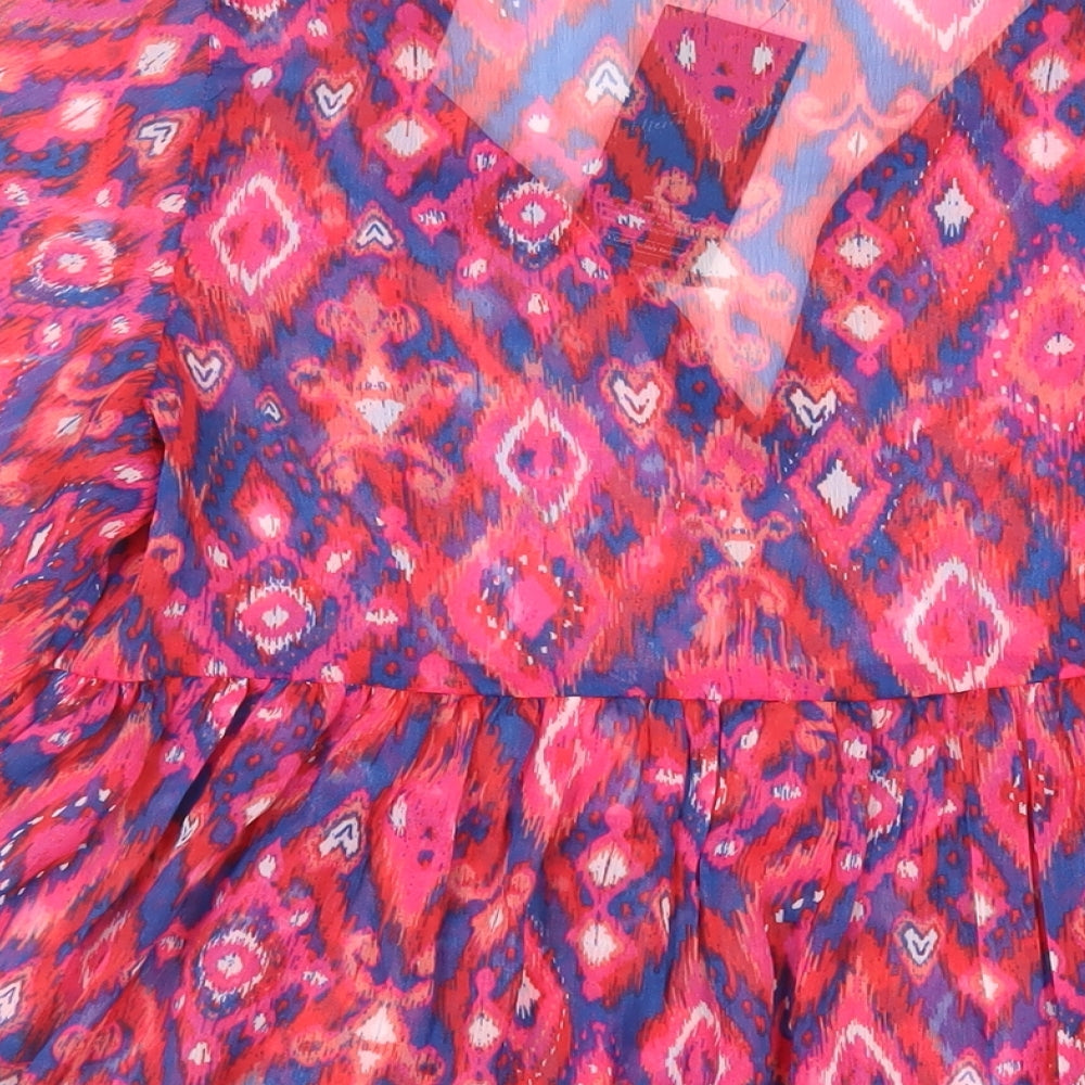 Kaleidoscope Womens Pink Geometric Polyester Basic Blouse Size 14 V-Neck - Sheer