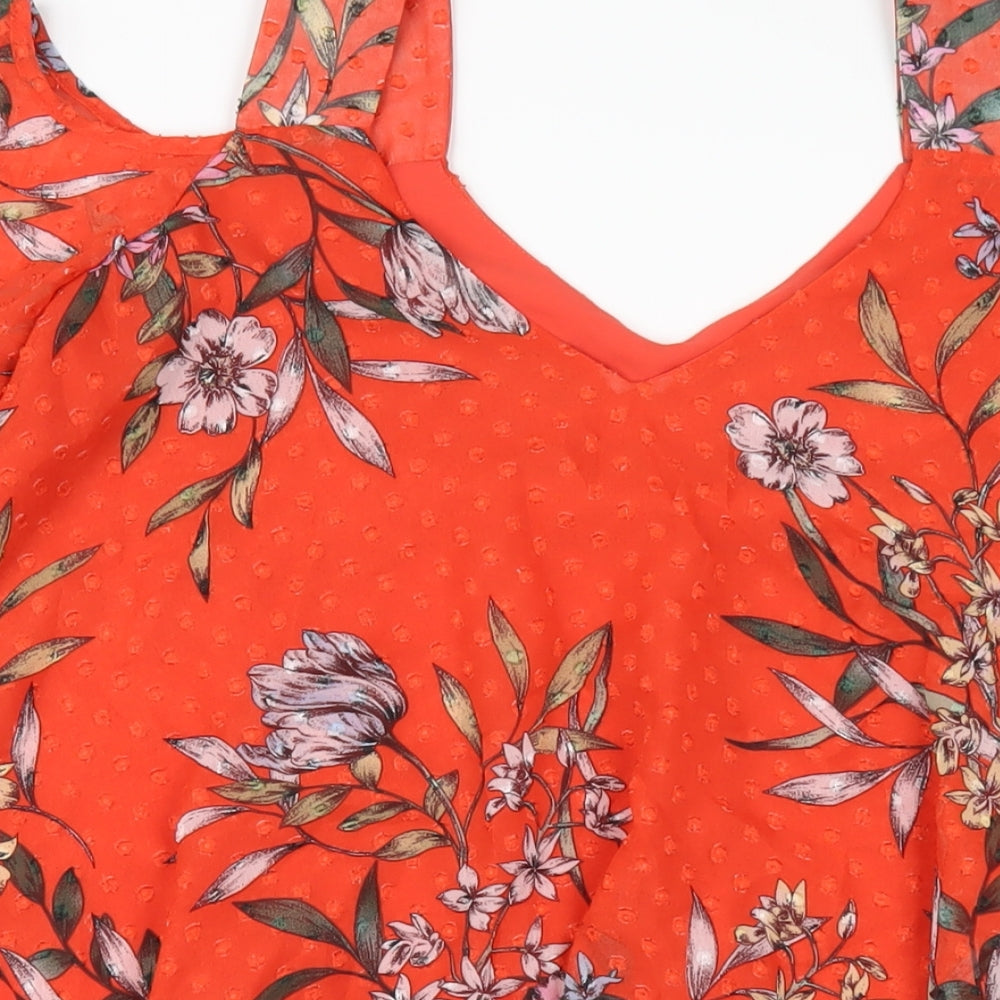 Roman Womens Red Floral Polyester Basic T-Shirt Size 10 V-Neck