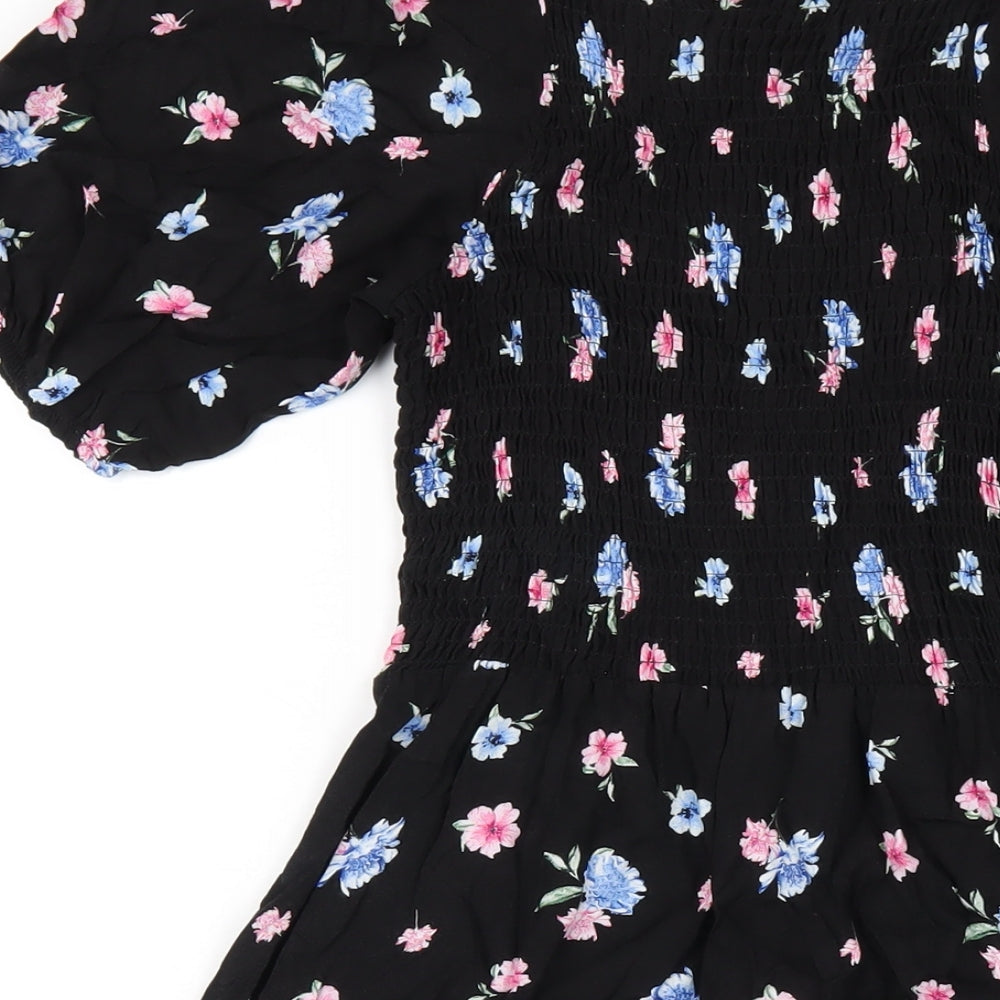 Select Womens Black Floral Viscose A-Line Size 8 Square Neck Pullover