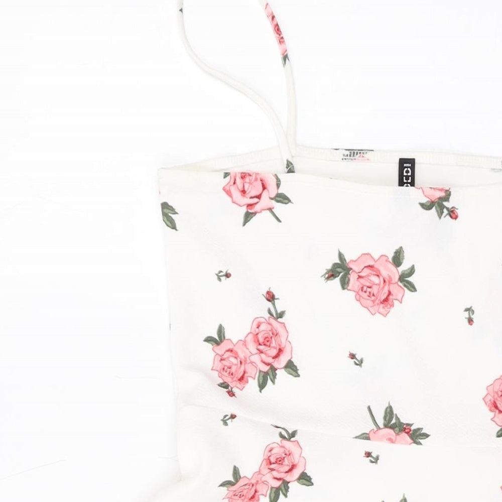H&, Womens White Floral Polyester Mini Size 12 Square Neck Pullover