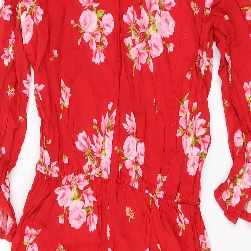 H&M Womens Red Floral Viscose Mini Size 8 Round Neck Button