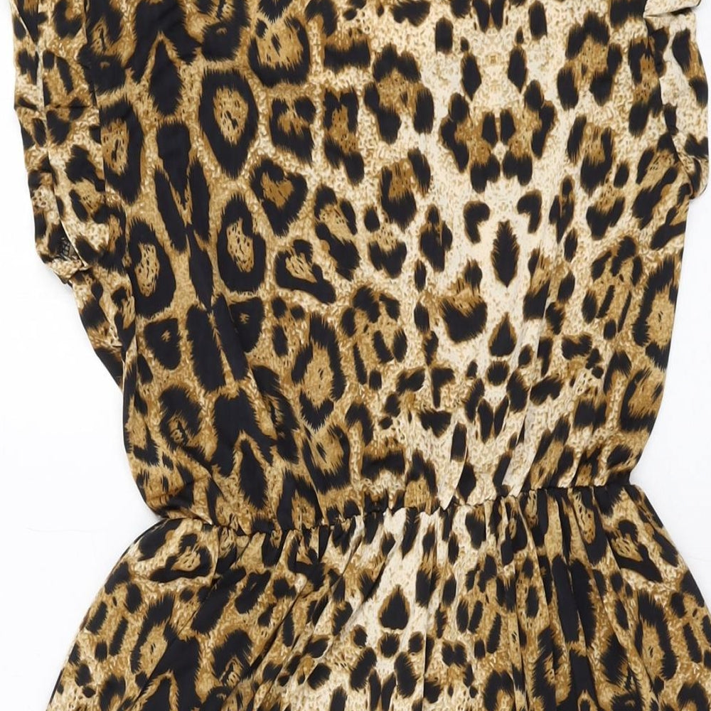 Zanzea Womens Brown Animal Print Polyester A-Line Size S Round Neck Pullover