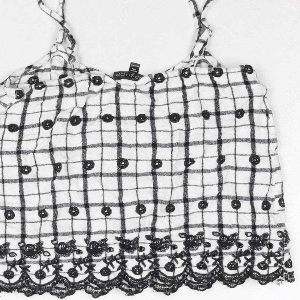 Topshop Womens White Geometric Viscose Camisole Blouse Size 12 Scoop Neck - Embroidered Detail