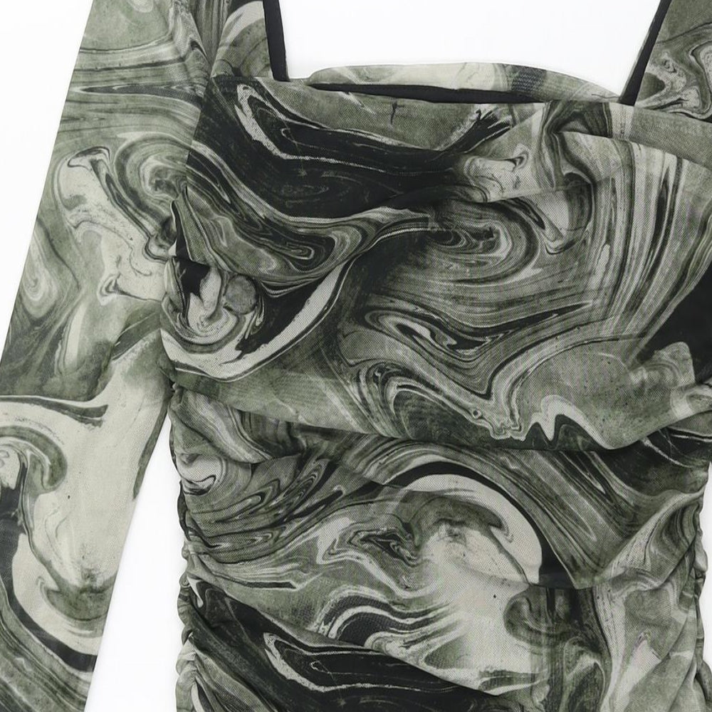 Pink Vanilla Womens Green Geometric Polyester Mini Size 8 Square Neck Pullover - Rouched Marble Print