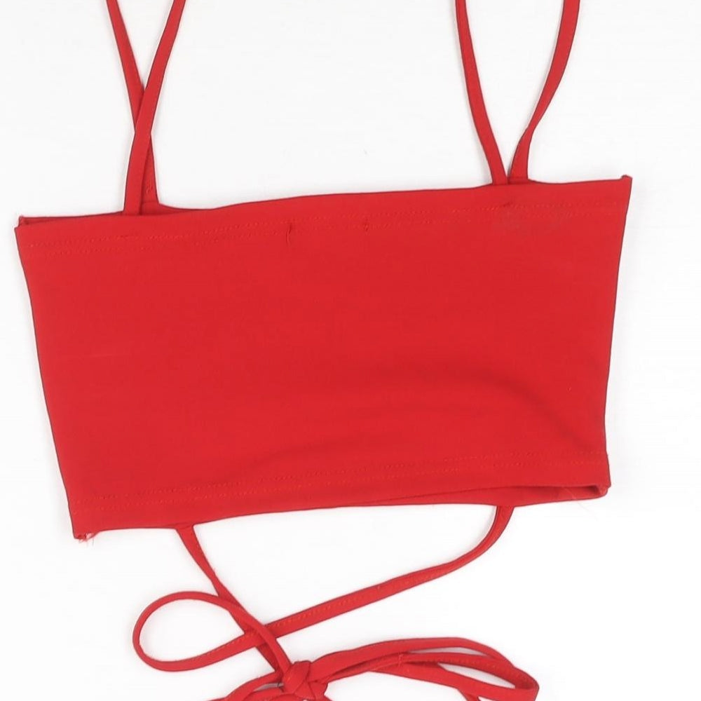 PRETTYLITTLETHING Womens Red Polyester Cropped Blouse Size 10 Square Neck - Tie Detail