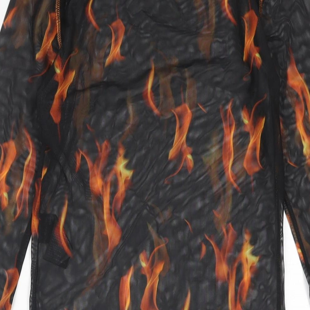 Urban Outfitters Womens Black Geometric Polyester Basic Blouse Size M Round Neck - Flame Print Semi Sheer