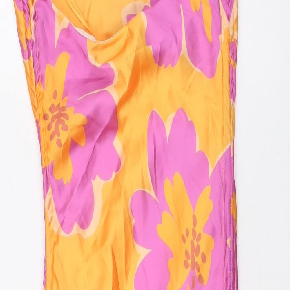 Bershka Womens Orange Floral Polyester A-Line Size XS Scoop Neck Tie - Pink Flowers