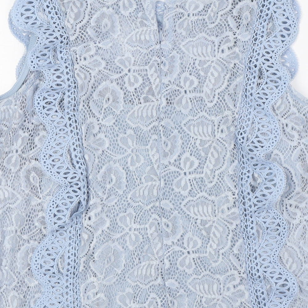 Adiva Womens Blue Nylon Basic Button-Up Size S Mock Neck - Lace Overlay